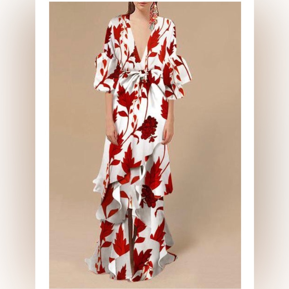 Floral Red/White Ruffle Maxi Dress with Puff Sleeves and Deep V Neck - M - NWT